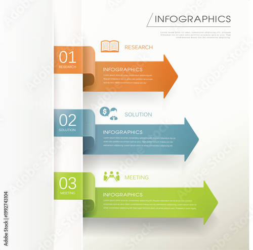 3-Step Modern Business Process Infographic. Professional Vector Template with Curved Ribbon Arrows for Research, Solution, and Meeting Stages.