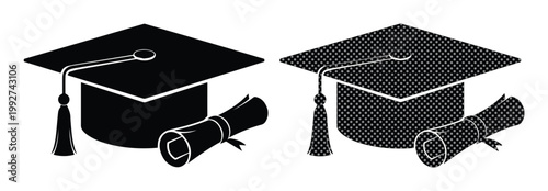 Black graduation cap and diploma scroll icons, academic mortarboard with tassel vector set, university commencement symbols for education design
