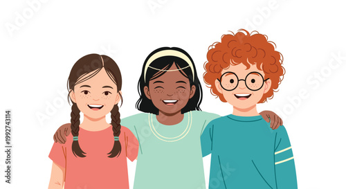 Three young friends from different backgrounds smile and stand together with arms around each other to show unity.