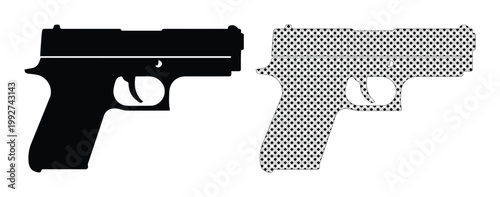 Handgun silhouette vector set, black pistol icon and halftone pattern firearm graphic, modern semi-automatic weapon illustrations for security and defense