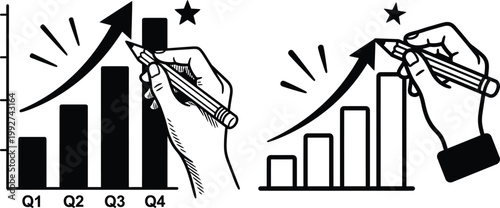 Hand with pen pointing at growing bar chart with upward arrow symbolizing business growth success financial performance achievement in quarters