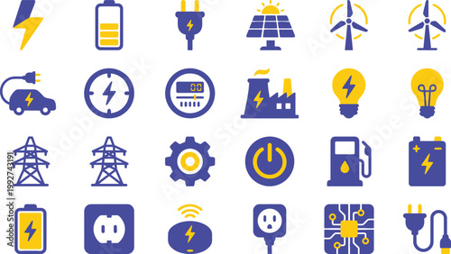 Collection of flat icons representing electricity, power generation, and renewable energy concepts.