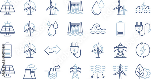 A collection of blue line icons representing renewable energy sources and modern sustainable power generation technology solutions