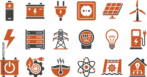 High-quality graphic icons displaying a wide range of electrical power, renewable energy, and utility concepts.