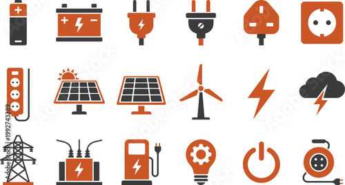 A diverse set of modern flat design icons illustrating electrical energy, power generation, distribution, and consumption.