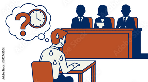 Man sweating during job interview with panel of judges, performance anxiety and stress concept, flat vector illustration of office pressure, time management and difficult questioning.