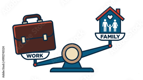 Illustration of Work Life Imbalance on a Scale with a Heavy Briefcase and Family Icon