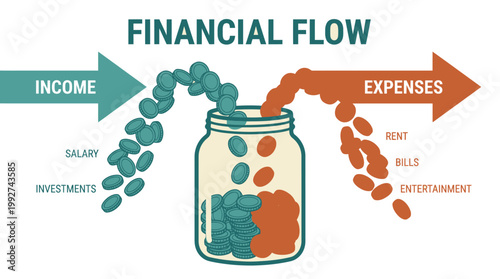Financial Flow Infographic with Income and Expenses Showing Salary Investments Rent and Bills in a Savings Jar