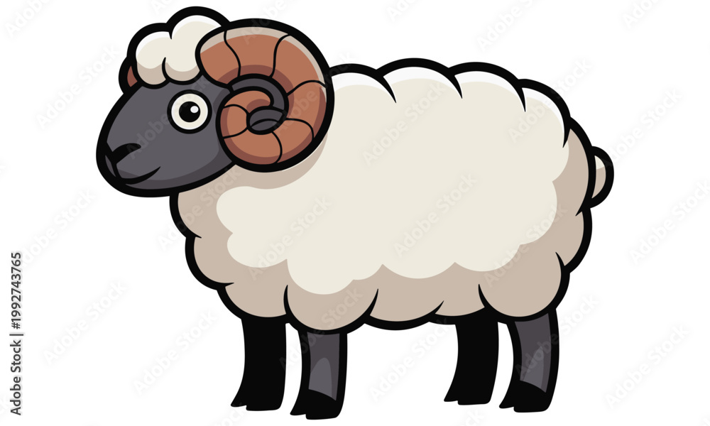 Obraz premium Cartoon ram with fluffy white wool and curved brown horns standing alone