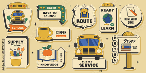 Retro Back to school sticker set with signage, school bus, backpack, arrows, books, stationery, apple, more. Vector illustration in vintage colors mid century 50s style, education design, school flyer