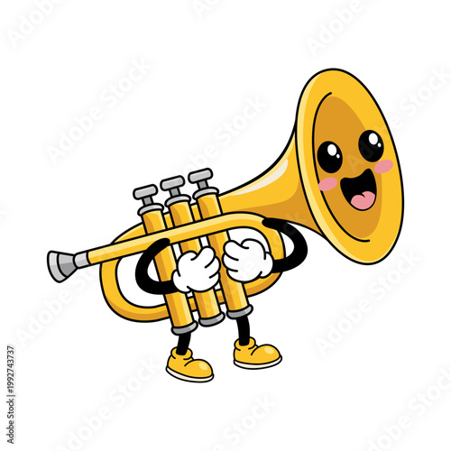 Cheerful golden trumpet character with a big smile. High-quality vector mascot for brass band, jazz, and music festivals.