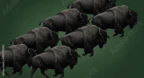 A herd of American bison walking diagonally across a plain green background, showcasing their powerful forms.