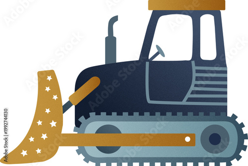 Flat textured illustration of a dark blue construction bulldozer with an ochre blade featuring white stars, detailed tracks, and a side-profile cabin.
