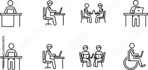Office workspace vector icon set featuring people working on laptops at desks with inclusive wheelchair accessible design elements.