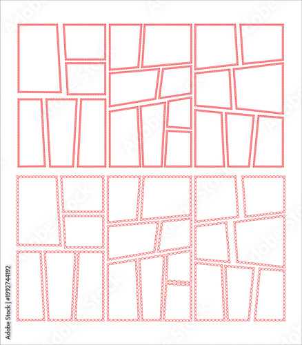 Fotografie Blank comic book page template with red border frames and multiple panels on white background