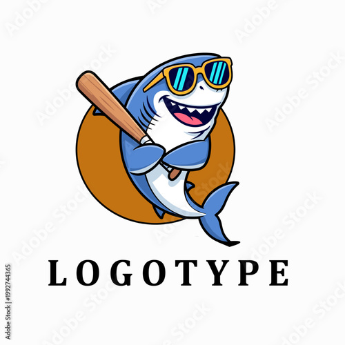 Cool Shark Baseball Mascot Character With Sunglasses Holding Bat Cartoon Sports Team Logo Design