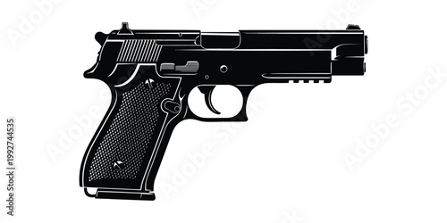 A detailed studio illustration of a black semi-automatic handgun on a white background
