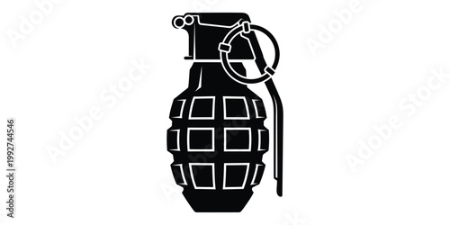 A black and white silhouette illustration of a classic hand grenade with its pin pulled, ready to explode