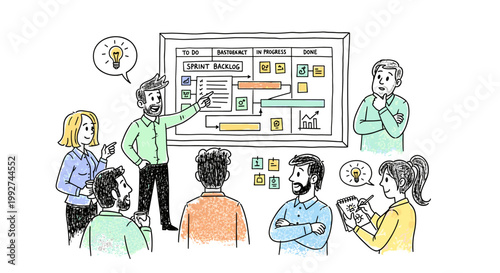 Diverse team collaborating on a kanban board, brainstorming ideas with lightbulbs, planning tasks in a bright, engaging scene with clean lines and a friendly color palette.