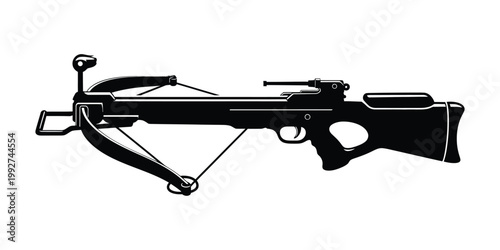 Black silhouette of a crossbow, a ranged weapon with a bow mounted horizontally on a stock, with a trigger mechanism to hold and release the string