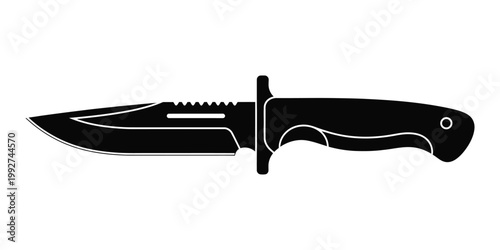 Silhouette of a sturdy combat knife with a serrated edge, designed for tactical applications and outdoor survival