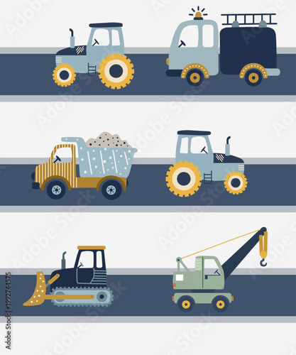 A set of six stylized illustrations featuring a variety of construction and service vehicles such as tractors, a fire truck, a dump truck, a bulldozer, and a crane. The artwork is designed in a modern