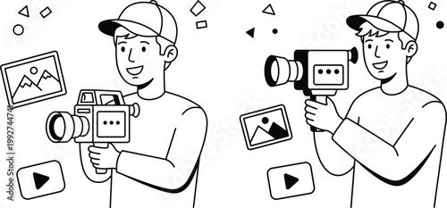 Man holding a camera surrounded by photo and icons for content creation and digital media with social media video editor black and white line art
