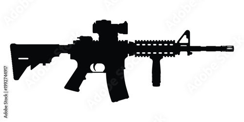 Silhouette of a modern assault rifle with scope and tactical accessories