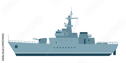 A sleek, modern warship illustration with a prominent cannon, showcasing naval power and defense capabilities