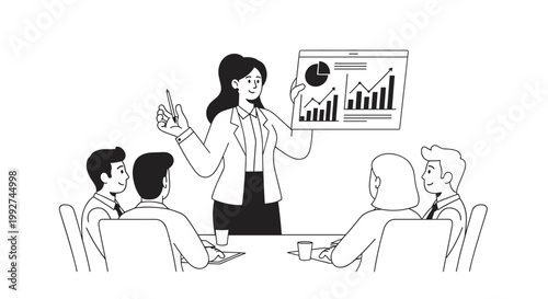 Confident businesswoman in a suit presents a financial chart with growing bars and pie graph to attentive colleagues in a modern office meeting, fostering collaboration and