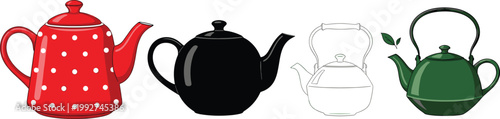 Teapot Collection with Classic and Modern Kettles Polka Dot and Metal Tea Pots Vector Illustration Set