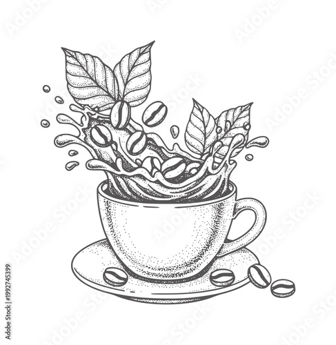Coffee cup splash with beans and leaves in stippling style