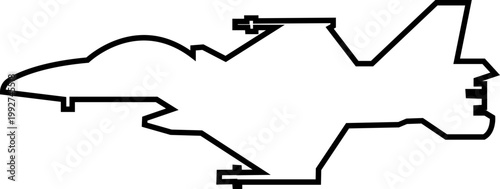 Fighter jet airplane aircraft aviation icon in black line style featuring plane, jet, flight, warplane synonym elements for military, airforce and transport design use