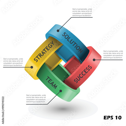 3D Interlocking Rings Business Infographic. Professional Isometric Vector Template with Four Intertwined Stages for Strategy, Solution, Success, and Team.