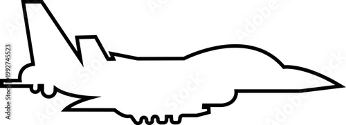 Fighter jet airplane aircraft aviation icon in black line style featuring plane, jet, flight, warplane synonym elements for military, airforce and transport design use