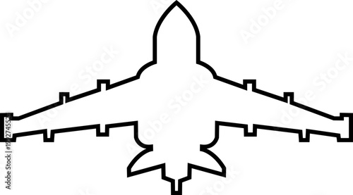 Fighter jet airplane aircraft aviation icon in black line style featuring plane, jet, flight, warplane synonym elements for military, airforce and transport design use