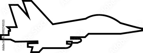 Fighter jet airplane aircraft aviation icon in black line style featuring plane, jet, flight, warplane synonym elements for military, airforce and transport design use