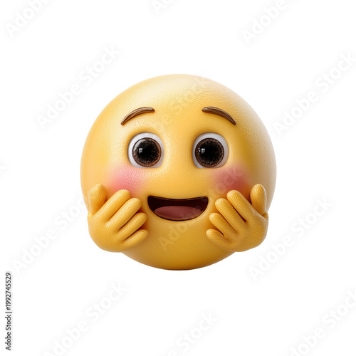 A happy yellow emoji with blushing cheeks smiling isolated on transparent background