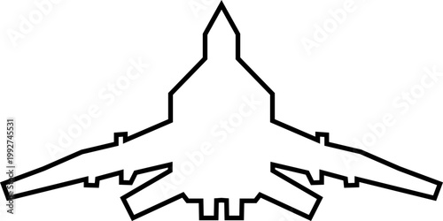 Fighter jet airplane aircraft aviation icon in black line style featuring plane, jet, flight, warplane synonym elements for military, airforce and transport design use