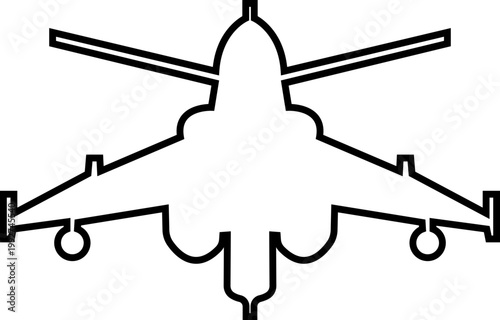 Fighter jet airplane aircraft aviation icon in black line style featuring plane, jet, flight, warplane synonym elements for military, airforce and transport design use