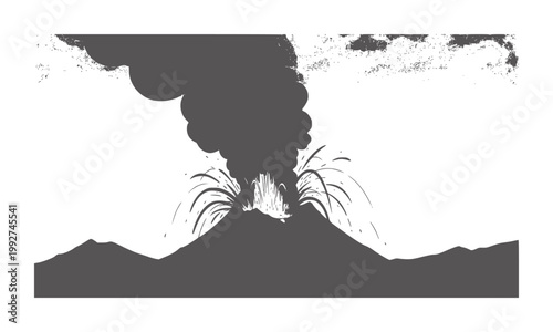 Dark silhouette of a volcano erupting with smoke and lava spewing eruption