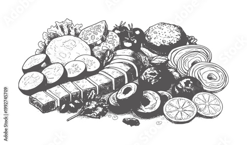 Hand drawn assortment of food including vegetables and fruits salad cheese