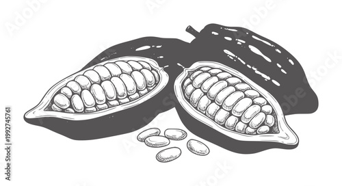 Hand drawn cocoa pods and beans in monochrome food ingredient
