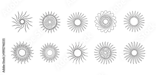 Ten stylized sunburst or starburst abstract pattern radial