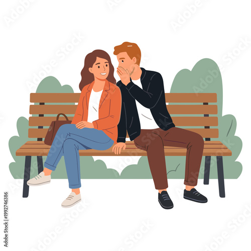 Couple sitting on bench in park with man whispering to woman