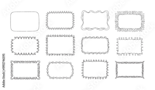 Twelve hand drawn decorative rectangular frames with varied borders