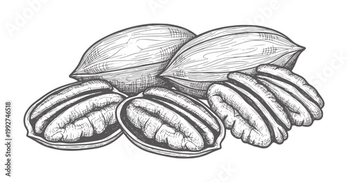 Vintage of whole and shelled pecans nuts food engraving