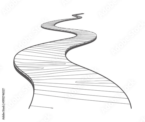 Winding wooden path with visible grain texture and parallel lines