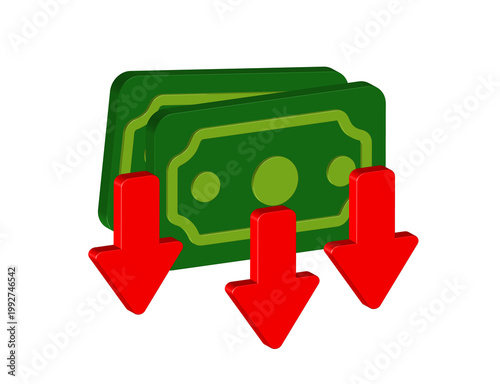 Simple 3D illustration of stacked green banknotes with red arrows pointing downwards. The money symbolizes loss or depreciation. The red arrows suggest decline or reduction.