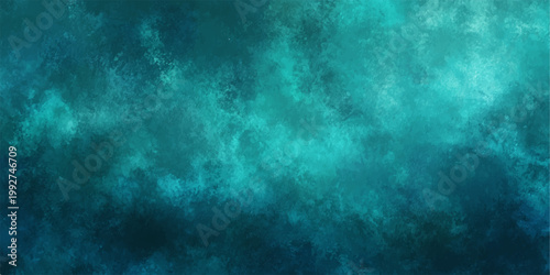 Abstract Teal and Turquoise Watercolor Textured Background with Moody Dark Blue Gradient and Ethereal Clouds